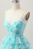 Blue Green A Line Tiered Print Corset Mini Graduation Dress with Ruffle Skirt