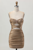 Dark Khaki Ruched Cut-Out Tight Mini Graduation Dress with Lace Up Back