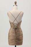 Dark Khaki Ruched Cut-Out Tight Mini Graduation Dress with Lace Up Back