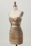 Dark Khaki Ruched Cut-Out Tight Mini Graduation Dress with Lace Up Back