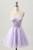 Sparkly A Line Strapless Sequins Lace Up Back Mini Lilac Graduation Dress with Beading