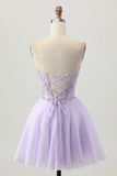 Sparkly A Line Strapless Sequins Lace Up Back Mini Lilac Graduation Dress with Beading