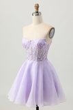 Sparkly A Line Strapless Sequins Lace Up Back Mini Lilac Graduation Dress with Beading