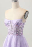 Sparkly A Line Strapless Sequins Lace Up Back Mini Lilac Graduation Dress with Beading