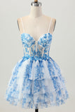 White Blue Flower A Line Corset Tiered Short Graduation Dress