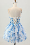 White Blue Flower A Line Corset Tiered Short Graduation Dress