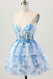 White Blue Flower A Line Corset Tiered Short Graduation Dress
