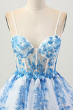 White Blue Flower A Line Corset Tiered Short Graduation Dress