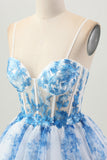 White Blue Flower A Line Corset Tiered Short Graduation Dress