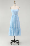 Strapless Sky Blue Corset A Line Midi Bridesmaid Dress