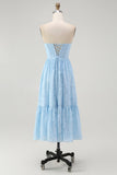 Strapless Sky Blue Corset A Line Midi Bridesmaid Dress