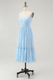Strapless Sky Blue Corset A Line Midi Bridesmaid Dress