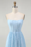 Strapless Sky Blue Corset A Line Midi Bridesmaid Dress