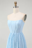 Strapless Sky Blue Corset A Line Midi Bridesmaid Dress