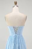 Strapless Sky Blue Corset A Line Midi Bridesmaid Dress