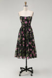 Strapless Black Pink Floral A Line Midi Bridesmaid Dress