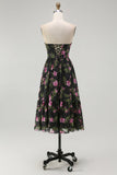 Strapless Black Pink Floral A Line Midi Bridesmaid Dress