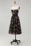 Strapless Black Pink Floral A Line Midi Bridesmaid Dress