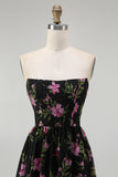 Strapless Black Pink Floral A Line Midi Bridesmaid Dress
