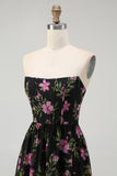 Strapless Black Pink Floral A Line Midi Bridesmaid Dress