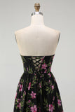 Strapless Black Pink Floral A Line Midi Bridesmaid Dress