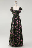 Black Pink Floral A Line Square Neck Short Sleeves Bridesmaid Dress