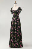 Black Pink Floral A Line Square Neck Short Sleeves Bridesmaid Dress