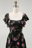 Black Pink Floral A Line Square Neck Short Sleeves Bridesmaid Dress