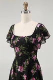 Black Pink Floral A Line Square Neck Short Sleeves Bridesmaid Dress