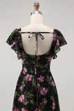 Black Pink Floral A Line Square Neck Short Sleeves Bridesmaid Dress