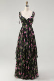 Black Pink Floral A Line Spaghetti Straps Tiered Long Bridesmaid Dress