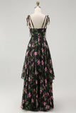 Black Pink Floral A Line Spaghetti Straps Tiered Long Bridesmaid Dress