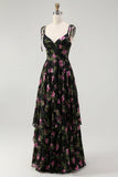 Black Pink Floral A Line Spaghetti Straps Tiered Long Bridesmaid Dress