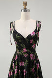 Black Pink Floral A Line Spaghetti Straps Tiered Long Bridesmaid Dress