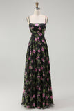Black Pink Floral Spaghetti Straps A Line Long Bridesmaid Dress