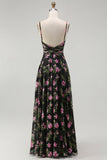 Black Pink Floral Spaghetti Straps A Line Long Bridesmaid Dress