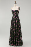 Black Pink Floral Spaghetti Straps A Line Long Bridesmaid Dress