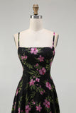 Black Pink Floral Spaghetti Straps A Line Long Bridesmaid Dress