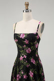 Black Pink Floral Spaghetti Straps A Line Long Bridesmaid Dress