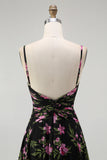 Black Pink Floral Spaghetti Straps A Line Long Bridesmaid Dress