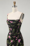 Black Pink Floral Spaghetti Straps Corset A Line Long Bridesmaid Dress