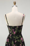 Black Pink Floral Spaghetti Straps Corset A Line Long Bridesmaid Dress