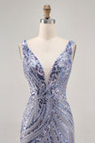 Sparkly Lilac V-Neck Sequins Bodycon Graduation Dress