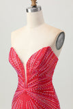 Sparkly Red Beaded Short Tight Graduation Dress with Slit