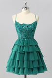 Dark Green A Line Sequins Tiered Graduation Dress with Appliques