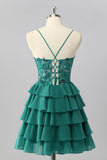 Dark Green A Line Sequins Tiered Graduation Dress with Appliques