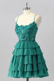 Dark Green A Line Sequins Tiered Graduation Dress with Appliques
