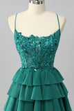 Dark Green A Line Sequins Tiered Graduation Dress with Appliques