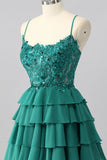 Dark Green A Line Sequins Tiered Graduation Dress with Appliques