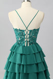 Dark Green A Line Sequins Tiered Graduation Dress with Appliques